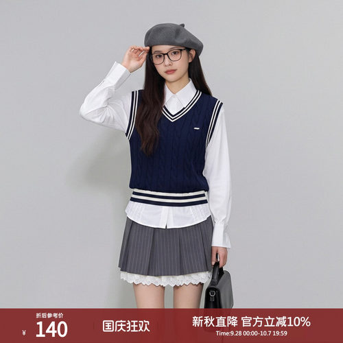 西町村屋学院风V字领毛衫背心