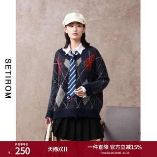 西町村屋学院风羊毛毛衣女秋冬新款手绣流苏菱格纹毛衫XA9D10004