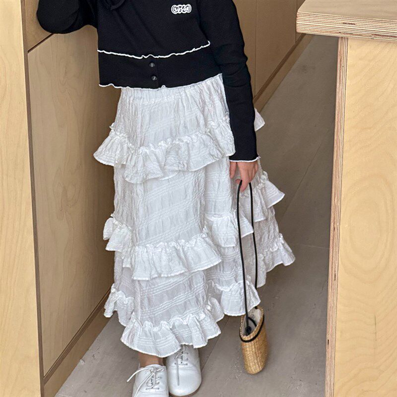 女童半身裙春秋款2024新款儿童荷叶边裙子中大童白色公主裙蛋糕裙