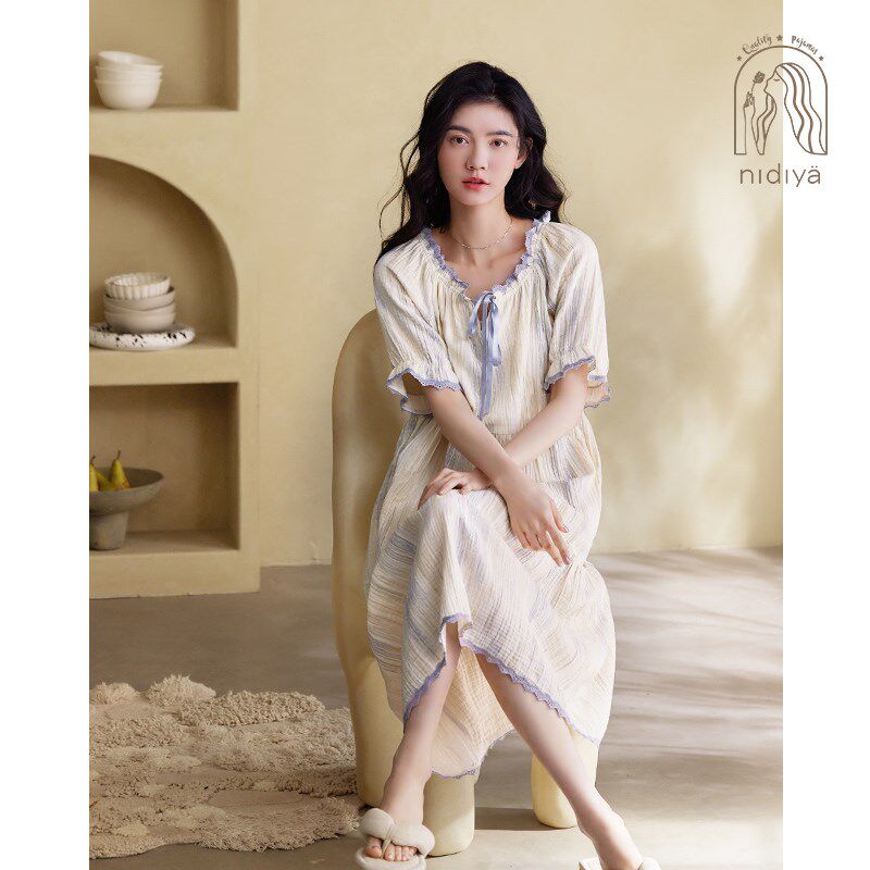 妮狄娅睡衣睡裙女夏季纯棉夏天孕妇短袖宽松大码中长款休闲家居服