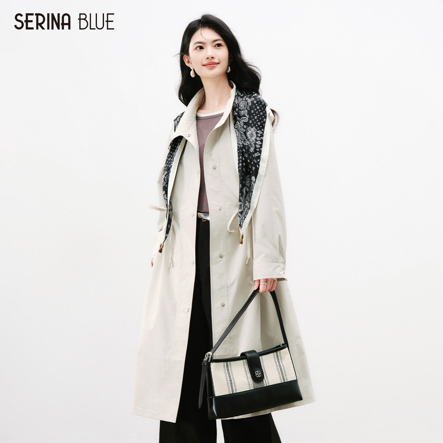 SeRinaBlue2026秋季新款单排扣翻领小个子中长款女装风衣外套女款