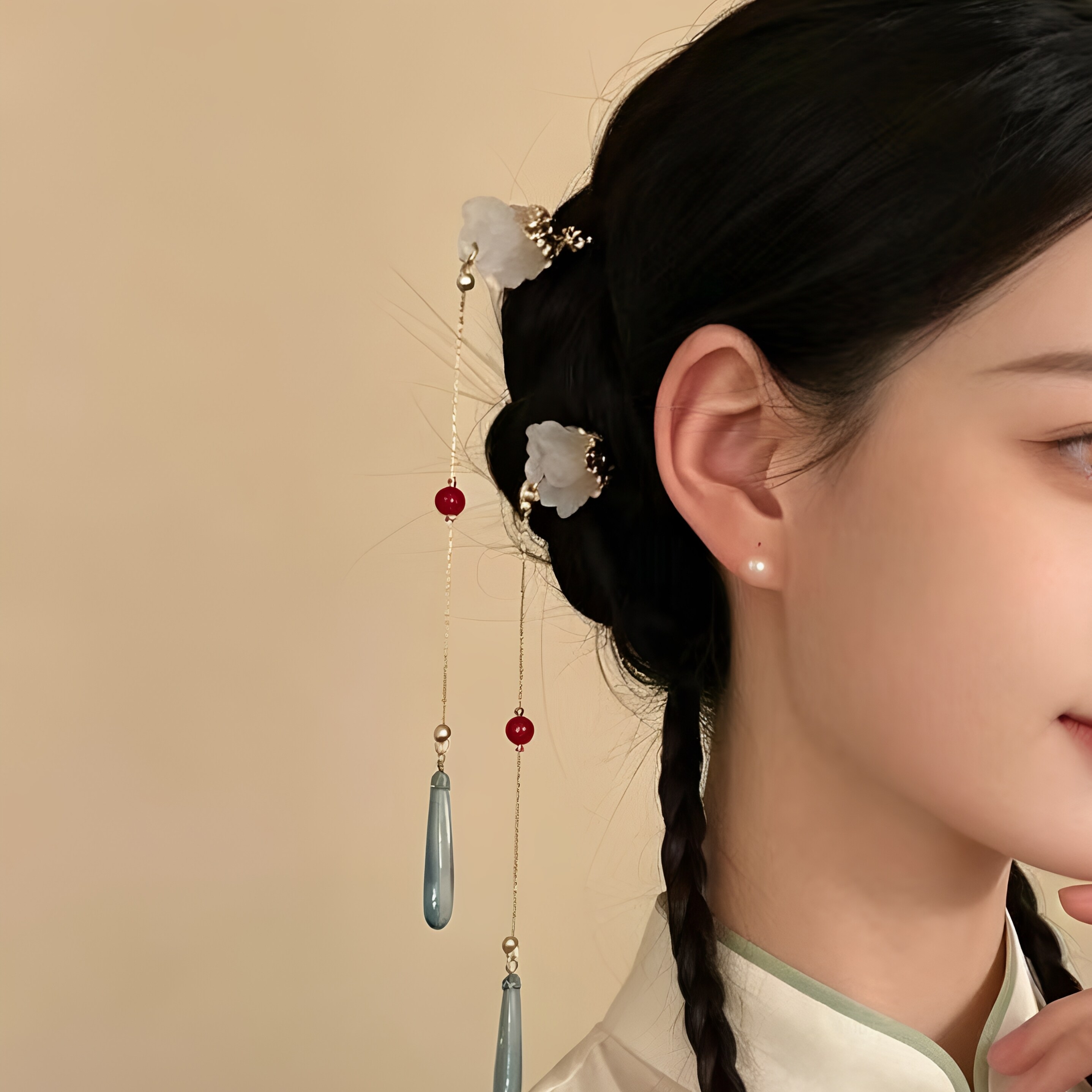 名狐新中式长款蓝色水滴流苏发簪女复古清冷感中国风发饰