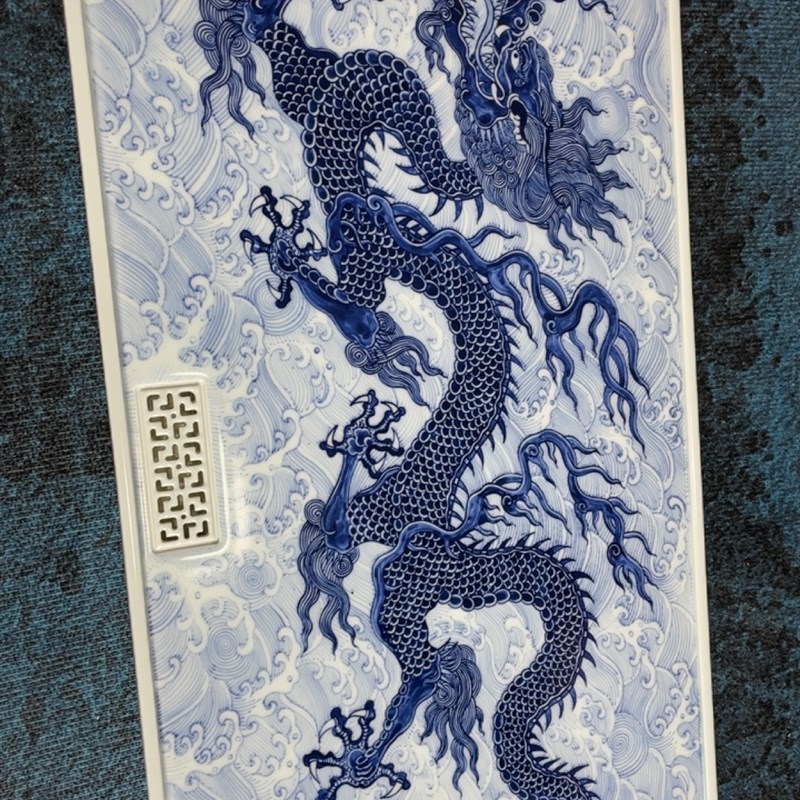 50*26青花手工手绘镶器霸王龙干湿二用茶盘景德镇陶瓷茶盘排水式