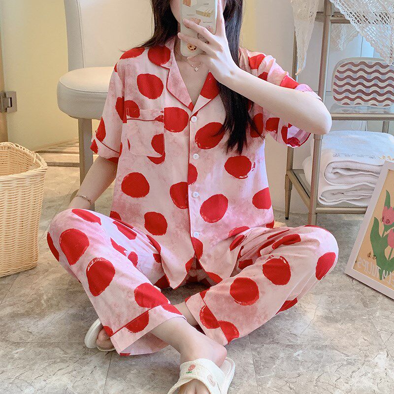 夏天棉绸睡衣女春秋款短袖长裤开衫两件套装少女绵绸家居服人造棉