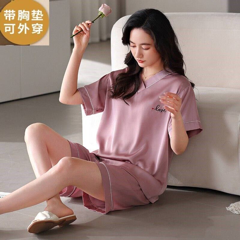 夏季睡衣女士冰蚕丝短袖自带胸垫睡衣绸缎丝绸短裤薄款凉感家居服