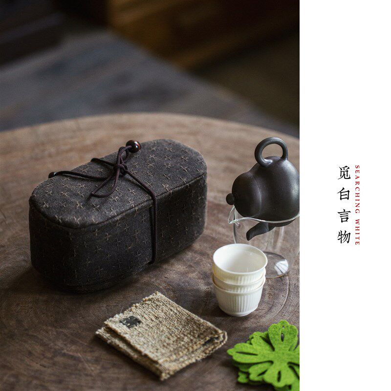 觅白香云纱茶具收纳盒旅行便携包纯手工织古布绑带系抽绳茶配禅袋