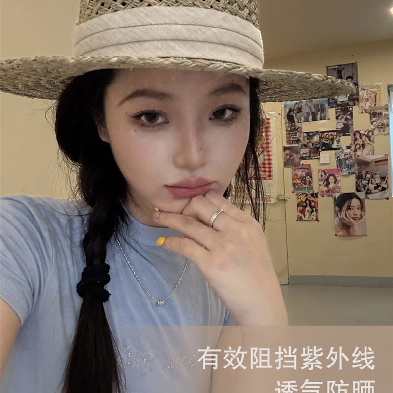 南法老钱平顶天然咸草手工编织草帽女夏镂空法式礼帽度假风遮阳帽