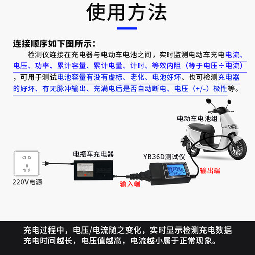 YB36D 电动车电池容量检测仪电瓶车充电器测试仪48V锂电60V电量表