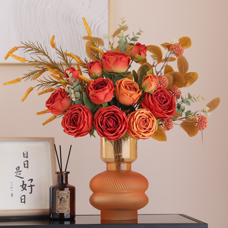 高档玫瑰花仿真花假花插花摆设餐桌花摆花客厅花束装饰品花艺摆件