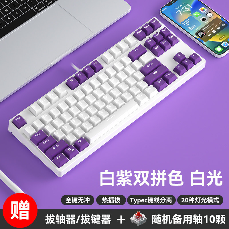 F87有线机械键盘白光双拼彩色键帽全键无冲热插拔87键游戏键盘