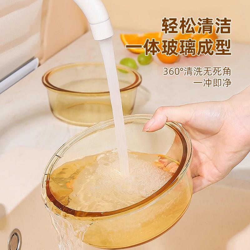 韩国琥珀色圆形饭盒微波炉加热专用上班餐盒玻璃保鲜盒便当盒