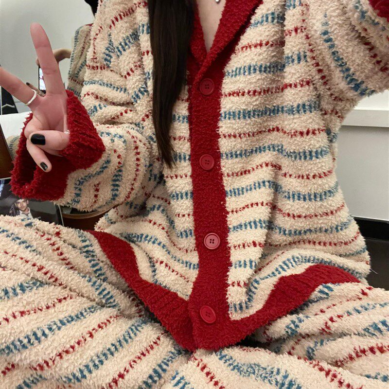 秋冬女士睡衣少女甜美针织半边绒加绒女款家居服套装大码加厚保暖