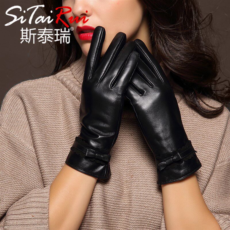 冬季进口真皮手套女士触屏修手款蝴蝶结加绒加厚户外保暖羊皮秋冬