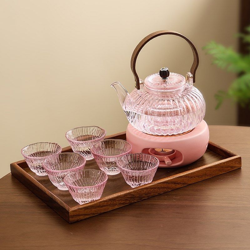 粉色玻璃花茶壶蜡烛温茶炉套装女士精致茶具下午茶美容养生煮茶器