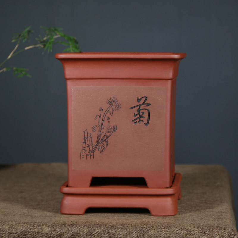 宜兴紫砂花盆精品兰花盆悬崖老桩盆景盆四方大号中国风室内绿植盆