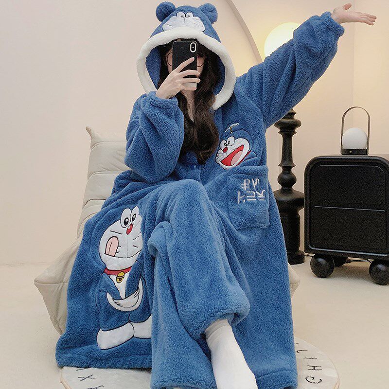 冬季珊瑚绒睡袍女加肥加大码胖mm200斤卡通加绒睡衣女家居服套装