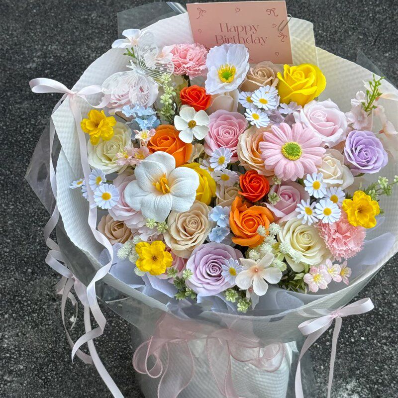 多巴胺花束彩色玫瑰花混搭香皂花永生花送女生生日礼物拍照道具