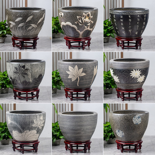 仿石陶瓷鱼缸水缸养鱼阳台睡莲荷花缸室外庭院大缸鱼缸老式大水缸
