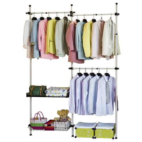 简易衣柜布艺钢架金属收纳分层隔板置物架免钉组装韩式衣帽架落地