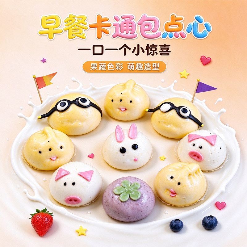 卡通包子儿童早餐半成品豆沙奶黄紫薯馅健康营养小孩早餐速食包点