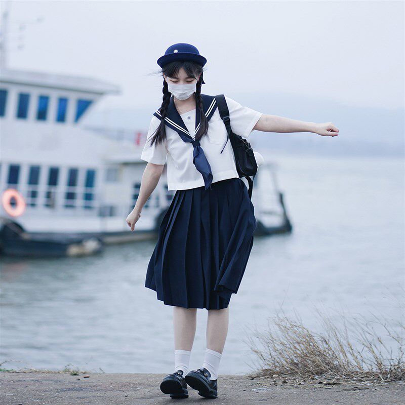 樱花家族JK制服【白二本】双胸挡绀色基础款水手服上衣套装短袖女
