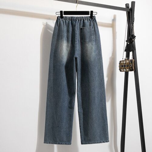 大码牛仔裤女2024年新款松紧腰系带宽松胖mm阔腿裤小个子裤子