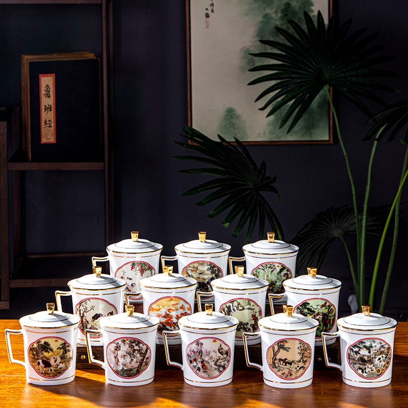 景德镇传统十二生肖高温白瓷泡茶杯陶瓷办公室带碟描金水杯马克杯
