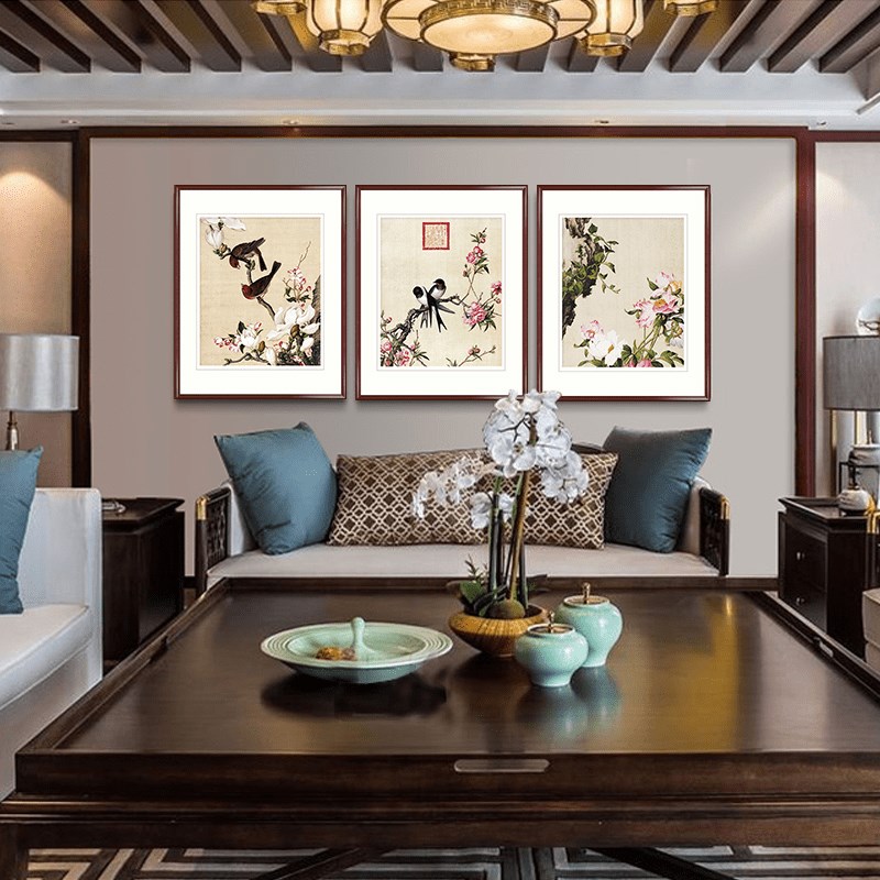 国画花鸟花三联画玄关电表箱客厅沙发壁画餐厅床头新中式装饰挂画