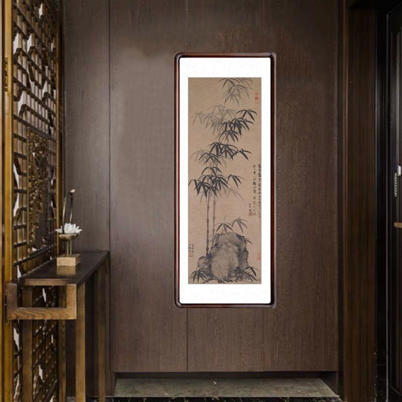 高克恭墨竹坡石图国画中式玄关过道装饰画竹子写意水墨画竖版壁画