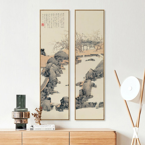 水墨宣言 新中式双联古代山水竖版装饰画竖长幅古风挂画茶室墙画