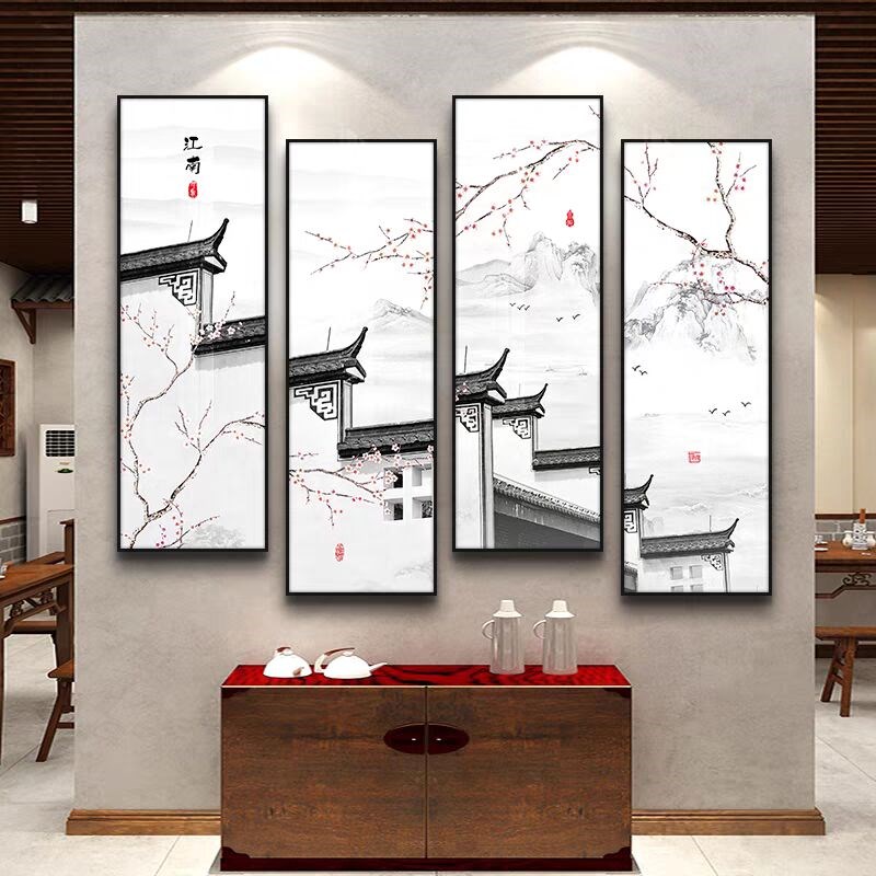 徽派建筑客厅装饰画新中式中国风茶室挂画酒店包间大气四联墙壁画