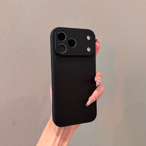 黑色荔枝纹素皮适用iPhone18promax手机壳苹果17新品皮质16Pro秒变18大视窗15PM情侣高级感14保护套女款男士