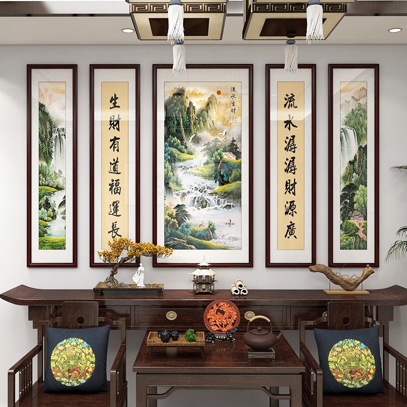 中堂画客厅挂画农村堂屋山水画大气国画新中式装饰画实木五联字画
