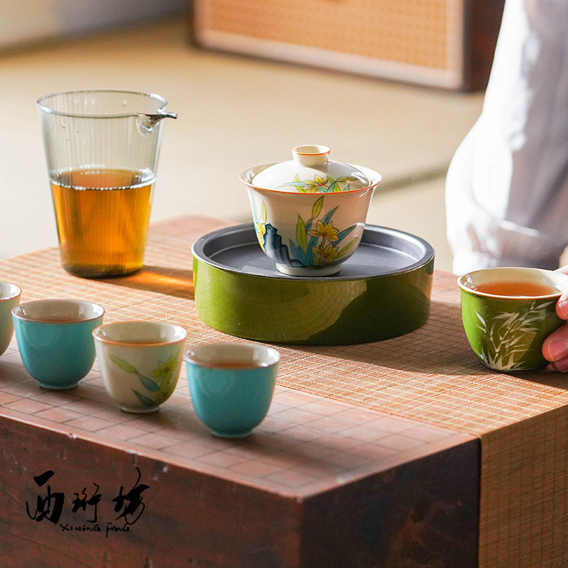 草木灰手绘兰花功夫茶具盖碗套装家用办公陶瓷釉下彩干泡茶器礼盒