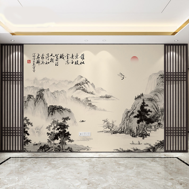新中式墙板客厅电视背景墙水墨山水中国古风字画竹木纤维集成墙板
