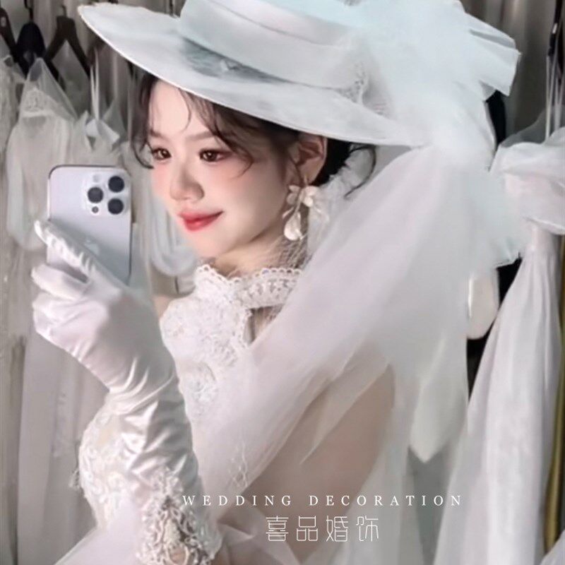 喜品新娘法式优雅白色蕾丝网格连纱大片外景影楼演出拍照礼帽子女