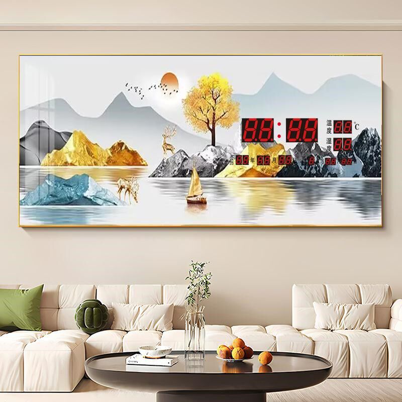 2025年新款客厅万年历家用山水风景挂钟新中式数码日历钟表装饰画