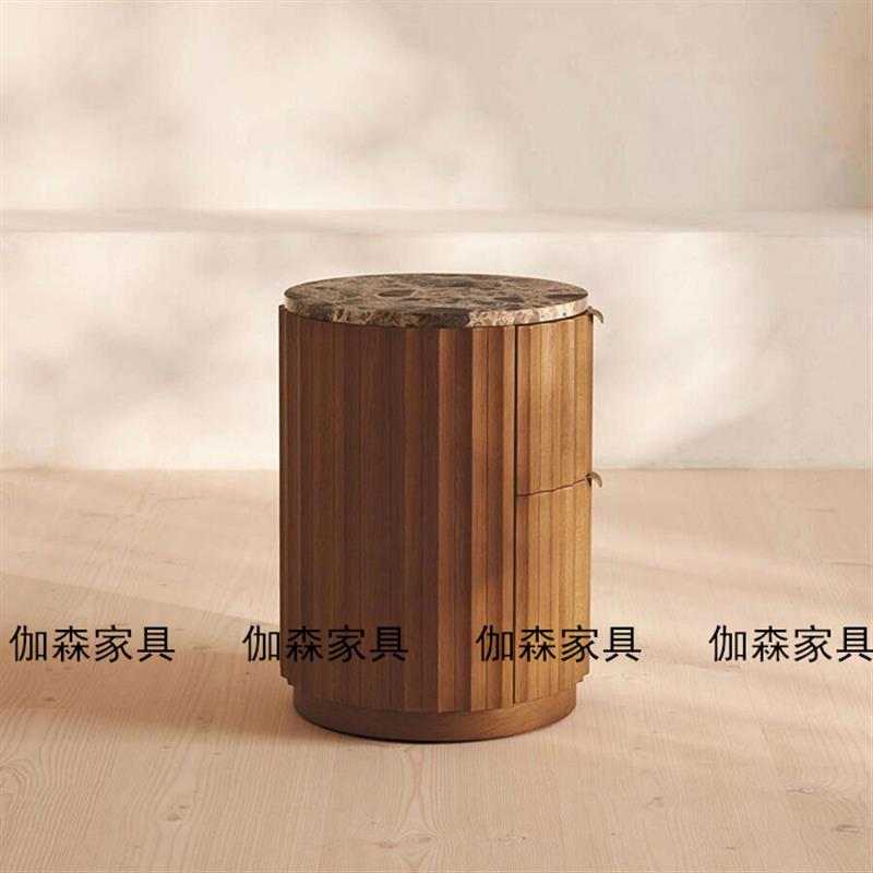 圆形复古大理石床头柜原木中古双抽收纳柜实木简约北欧沙发边几