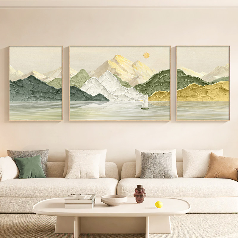日照金山客厅装饰画大气山水沙发背景墙挂画北欧原木风景三联壁画