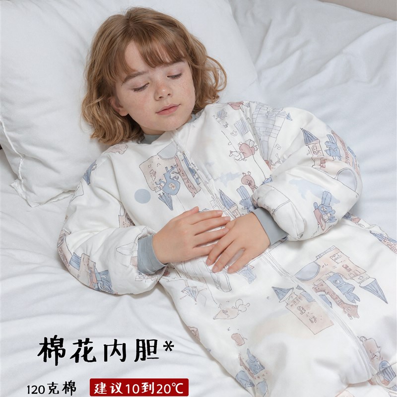 小孩棉花睡袋中大童分腿防踢被保暖三层连体睡衣后腰拉炼家居服冬