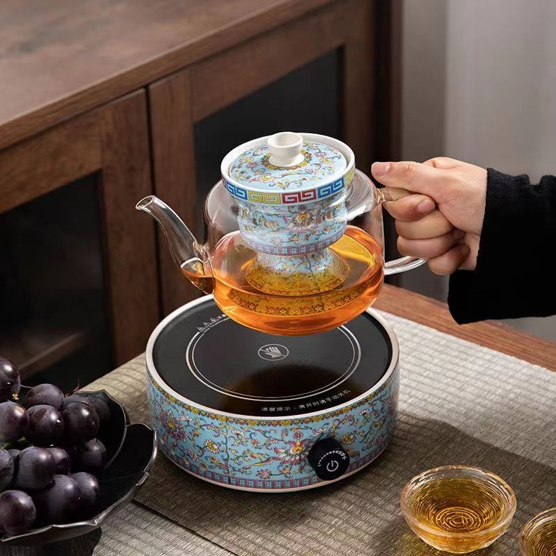 珐琅彩玻璃煮茶器套装家用送礼茶具蒸煮茶壶陶瓷电陶炉耐热蒸汽壶