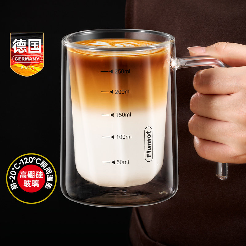 德国双层玻璃咖啡杯子带把手刻度图片