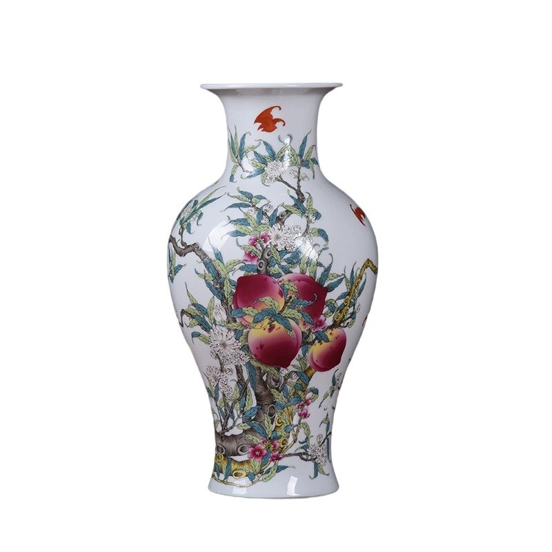 中式仿古陶瓷景德镇粉彩寿桃花瓶家居客厅祝寿摆件插花装饰工艺品