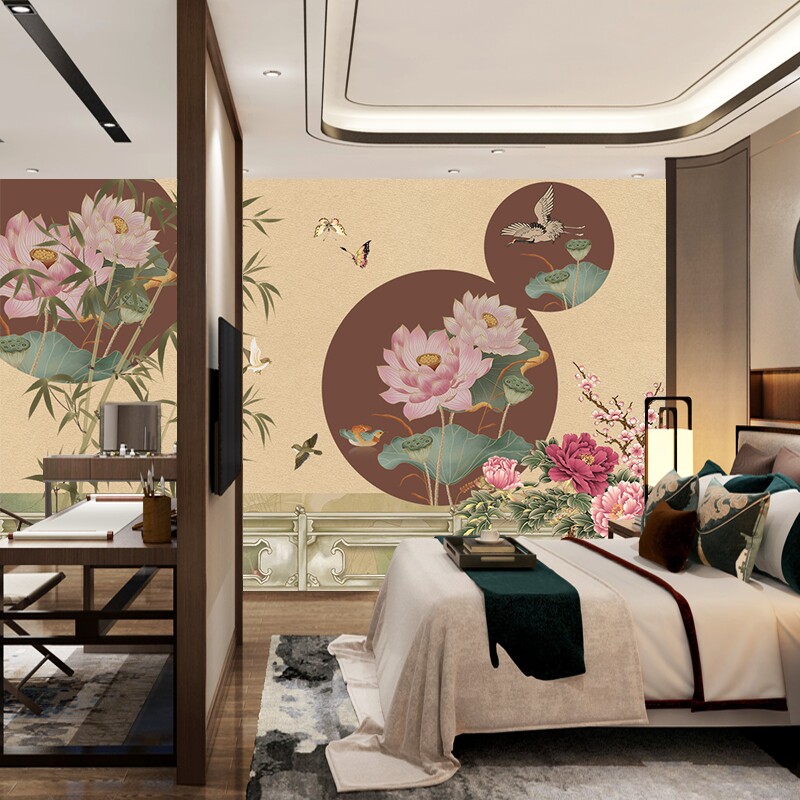中国风古典花鸟图墙纸中式剧本杀店装饰壁画古筝房教室工作室壁纸