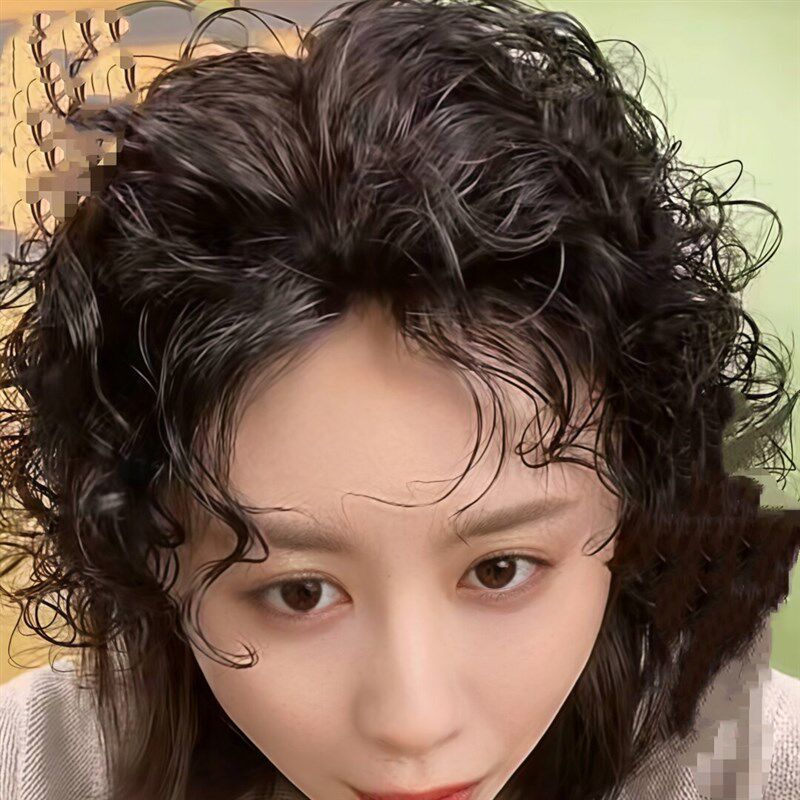 中老年假发补发片女士真发假发女发卷发斜刘海中长发真发羊毛卷