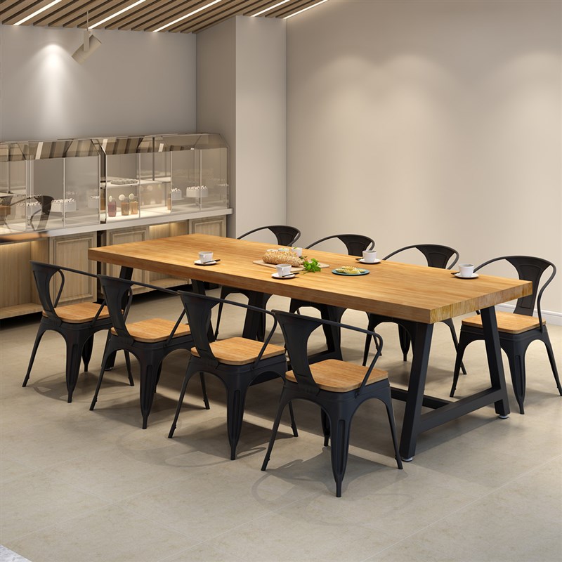 大型实木铁艺餐桌椅组合餐饮店面馆咖啡厅简约饭店长桌可定制1040