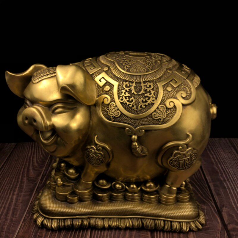 纯铜大号福字猪储蓄罐摆件金钱元宝布袋金猪喜庆用品家居店铺装饰