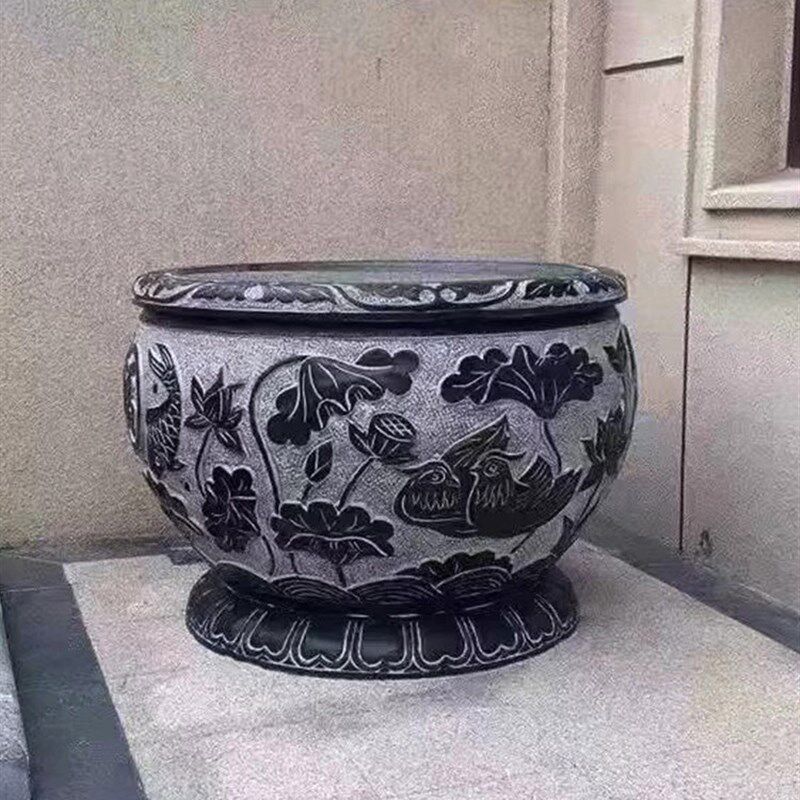 石雕鱼缸花盆青石彷古做旧圆形荷花缸户外室内庭院装饰石头缸摆件