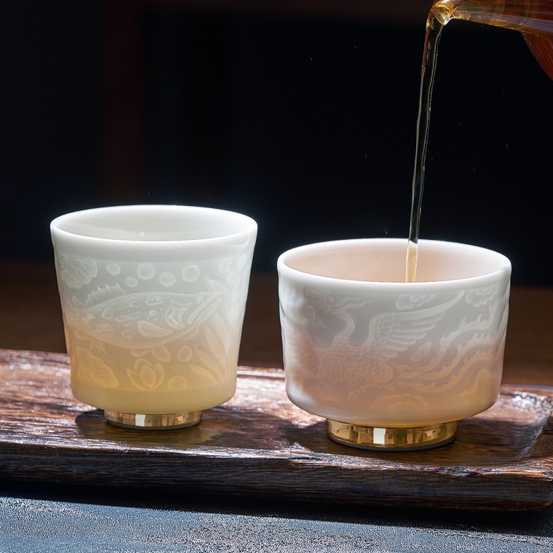 华光国瓷景瓷景德镇浮雕影青功夫茶杯主人杯青白瓷单杯专用畅怀杯