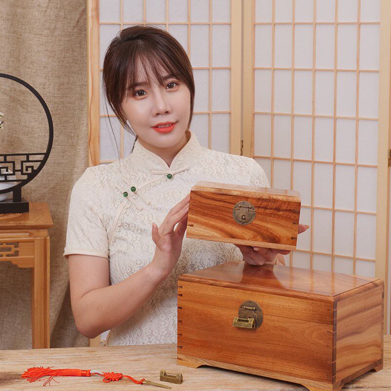 小樟木箱子香樟木盒红樟榫卯收纳证件首饰中式双层定制锁独板复古